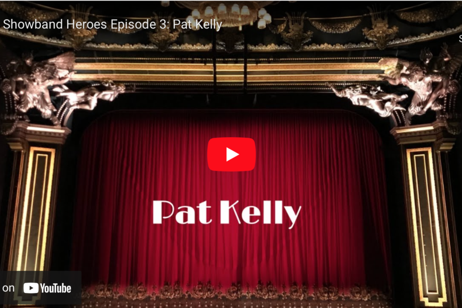 An image of red velvet curtains on an ornate stage with 'Pat Kelly' and a YouTube play button superimposed