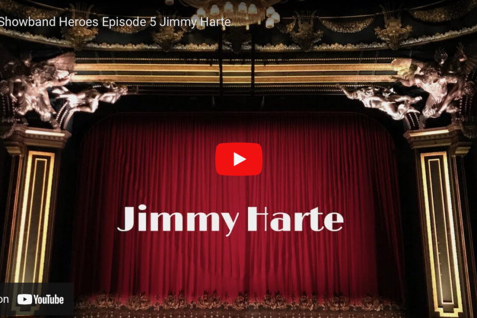 An image of red velvet curtains on an ornate stage with text 'Jimmy Harte' and a YouTube play button superimposed